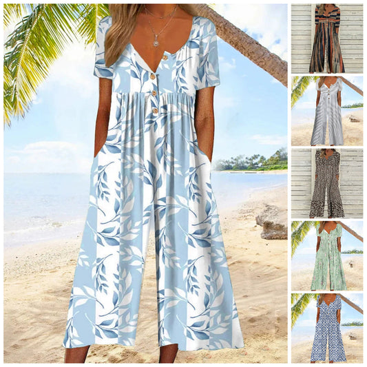 💥Letzter Tag des Verkaufs: 49% RABATT💃Bedruckter V-Ausschnitt Jumpsuit mit Seitentaschen